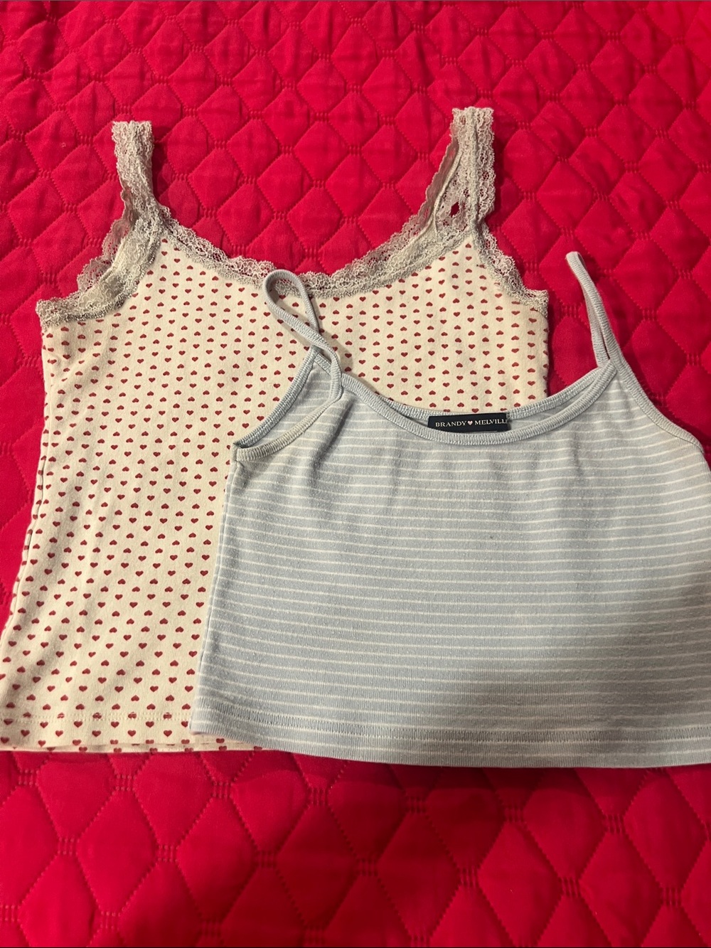 Brandy Melville Blue Striped Cropped Cami Top with a  Cream Heart Lace Cami Top
